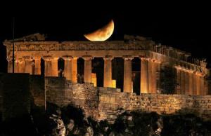 File picture of a crescent moon over the Parthenon atop Athens' ancient Acropolis